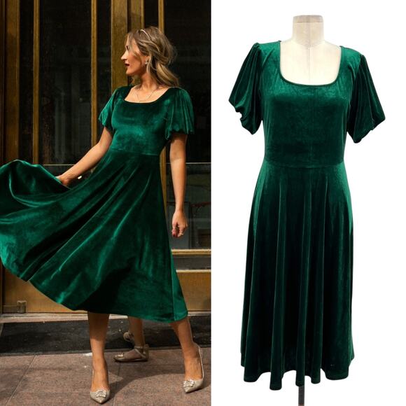 Ivy City Co Cleo Dress Long Midi Puff Sleeve Velvet Green Size Large - Picture 1 of 13